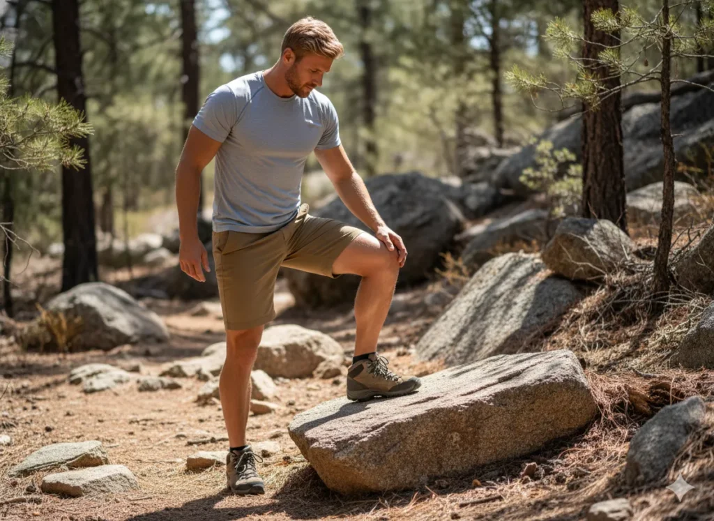 A male hiker carefully places his foot on top of a large rock to safely navigate the trail and avoid unseen hazards.