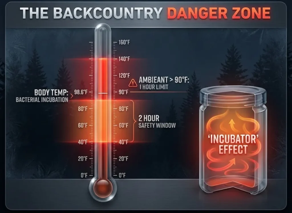 A technical infographic titled "The Backcountry Danger Zone," featuring a vertical thermometer scale from 0°F to 160°F. The 40°F–140°F range is highlighted as the danger zone, with annotations explaining bacterial growth speed and the 1-hour vs. 2-hour safety rules for hikers.