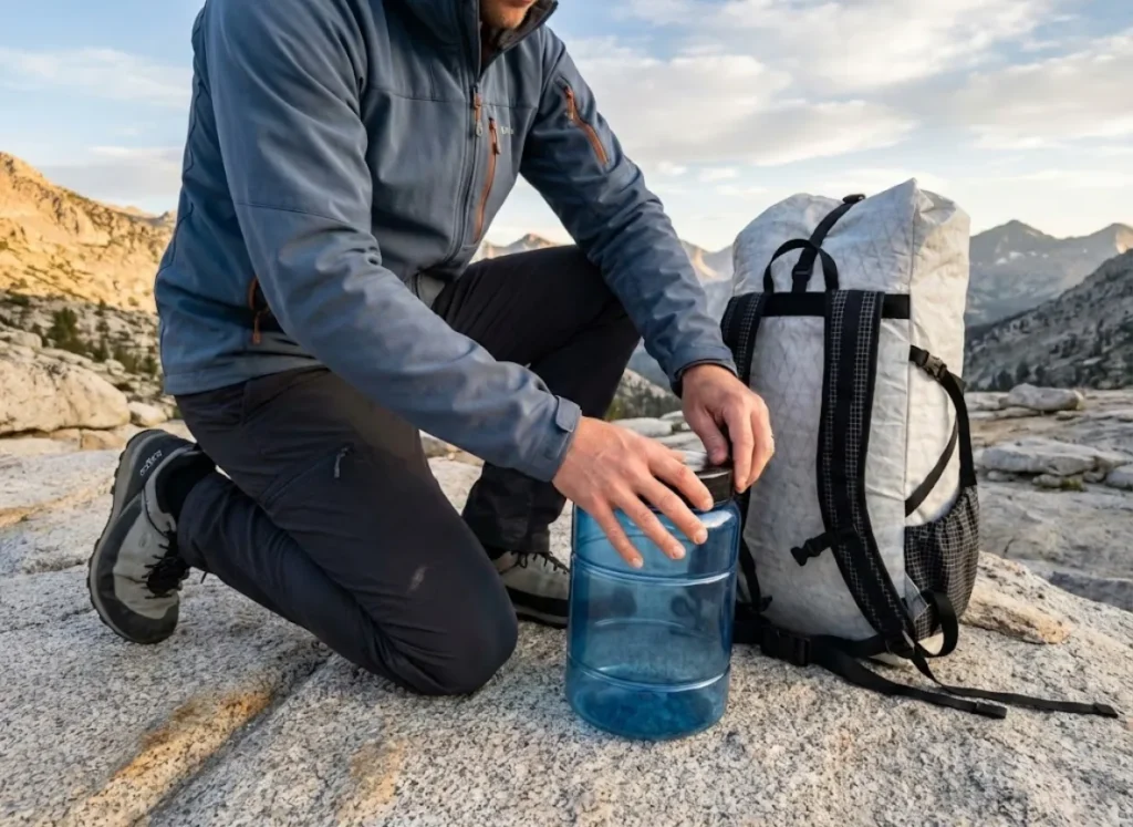 Hiker securing a BearVault BV500 canister next to a Hyperlite Mountain Gear backpack in the Sierra Nevada.