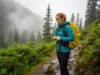Backpack Liner vs Cover: A Data-Driven Hiker’s Analysis A female hiker with red hair adjusts a yellow rain cover on her backpack while standing on a wet, foggy mountain trail.