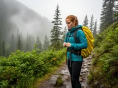 Backpack Liner vs Cover: A Data-Driven Hiker’s Analysis A female hiker with red hair adjusts a yellow rain cover on her backpack while standing on a wet, foggy mountain trail.