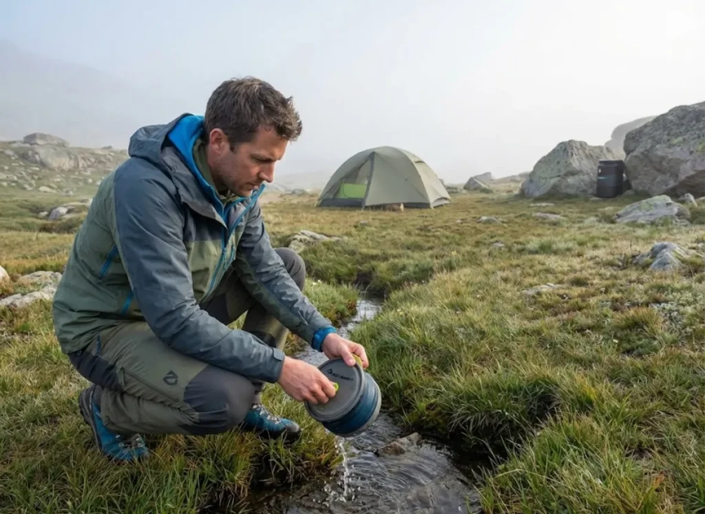 Hiker washing a Sea to Summit pot with a Nemo tent and Bearikade canister placed at distant triangle points.