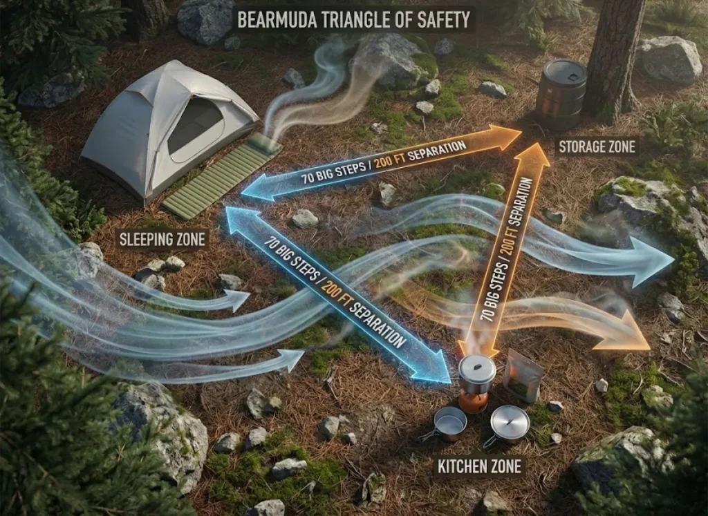 A sophisticated top-down infographic illustrating the "Bearmuda Triangle" campsite layout for wildlife safety. It shows three distinct zones—Sleeping, Kitchen, and Storage—separated by glowing vector lines labeled "70 BIG STEPS / 200 FT". Large wind arrows indicate airflow blowing scent plumes away from the tent towards the food areas on a rich forest floor background.