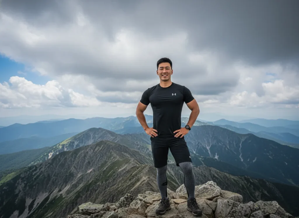 A triumphant male hiker wearing compression socks stands on a mountain summit, representing the best gear for hiking.