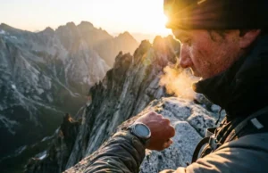 Best Hiking Watch 2026: Real-World Battery & GPS Tests A mountaineer checking a rugged GPS watch on a high-altitude ridge at sunset.