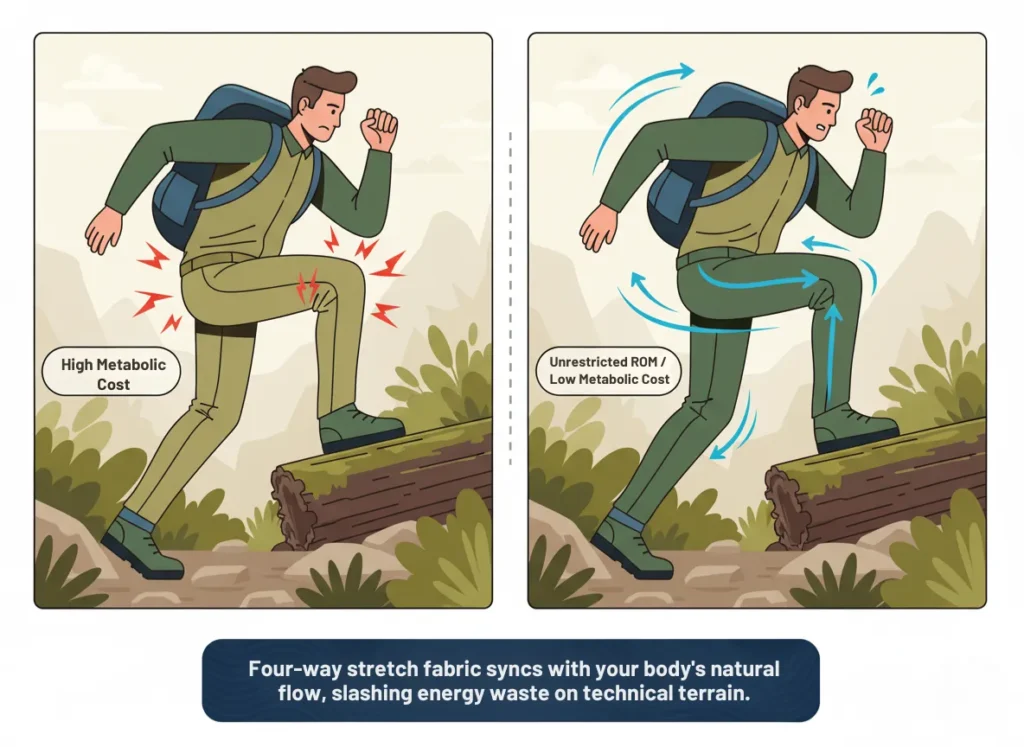 A two-panel infographic diagram illustrating the biomechanics of a high step in hiking pants: left panel shows resistance from non-stretch fabric with red stress lines and high metabolic cost; right panel depicts unrestricted range of motion with four-way stretch fabric and low metabolic cost, in a dynamic vector illustration style.