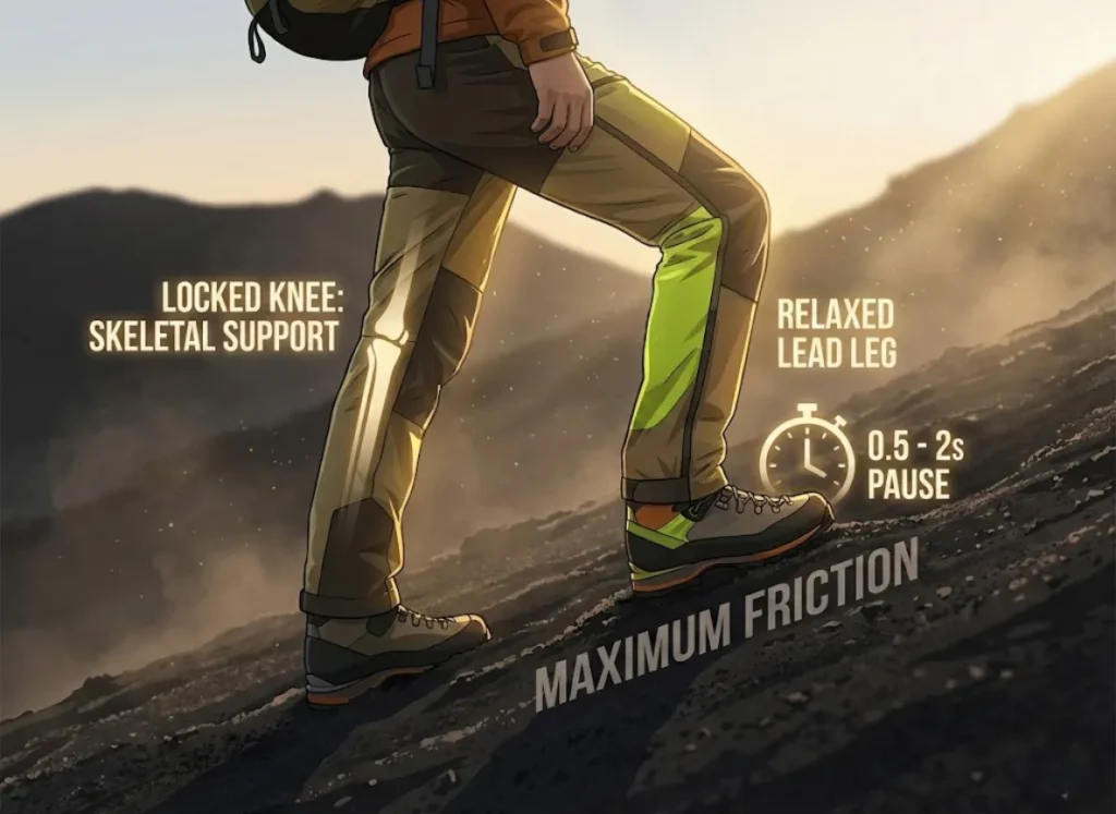 A premium editorial 3D illustration demonstrating the 'Rest Step' hiking technique on a steep volcanic ash slope. The visual highlights a locked rear leg for skeletal support and a relaxed forward leg, with integrated text labels explaining the energy-saving mechanics.