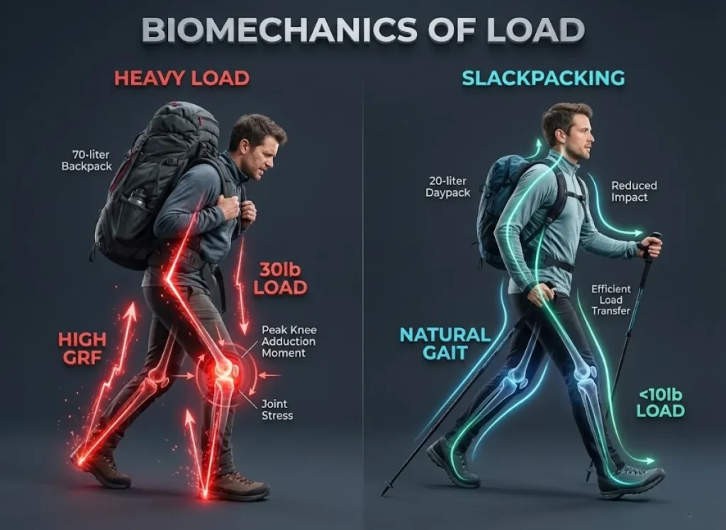 A split-screen biomechanical infographic comparing a hiker with a heavy 30lb backpack versus a light 10lb slackpacking load. The heavy load side shows red graphical vectors indicating high stress on the knee joints, while the light load side shows smooth blue lines indicating efficient gait and stability.