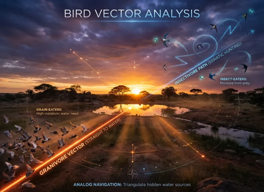 A semantic infographic titled 'Bird Vector Analysis' illustrating different flight paths in a sunset landscape. A flock of doves (granivores) flies along a straight, glowing orange vector labeled 'GRANIVORE VECTOR (STRAIGHT TO WATER)' directly toward a hidden pond. Above them, swallows (insectivores) fly in chaotic, looping blue paths labeled 'INSECTIVORE PATH (ERRATIC HUNTING)'. Text annotations explain their dietary water needs for analog navigation.