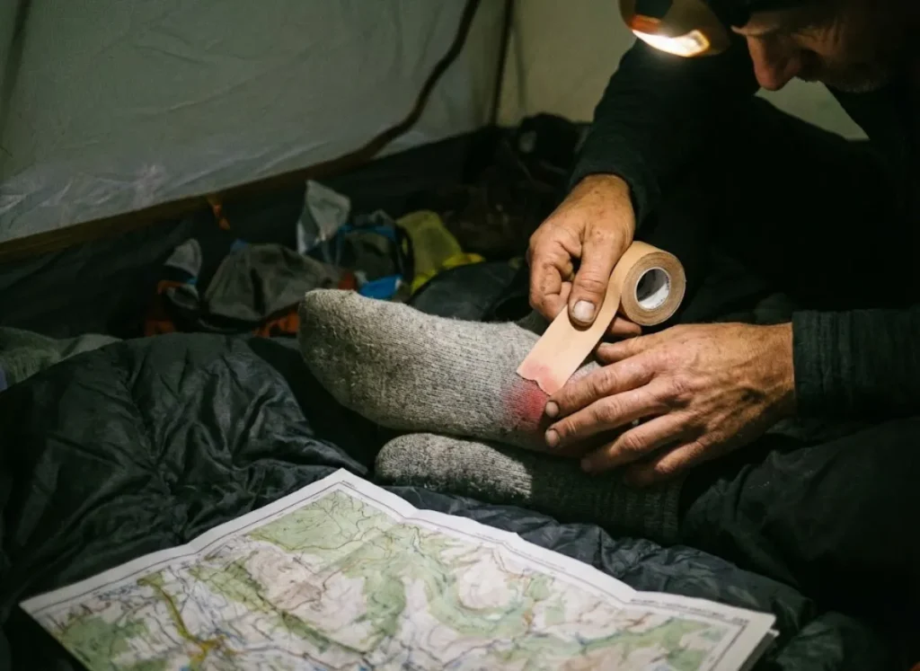 Close-up of a hiker's hands applying tape to a heel inside a tent with a map in the background.
