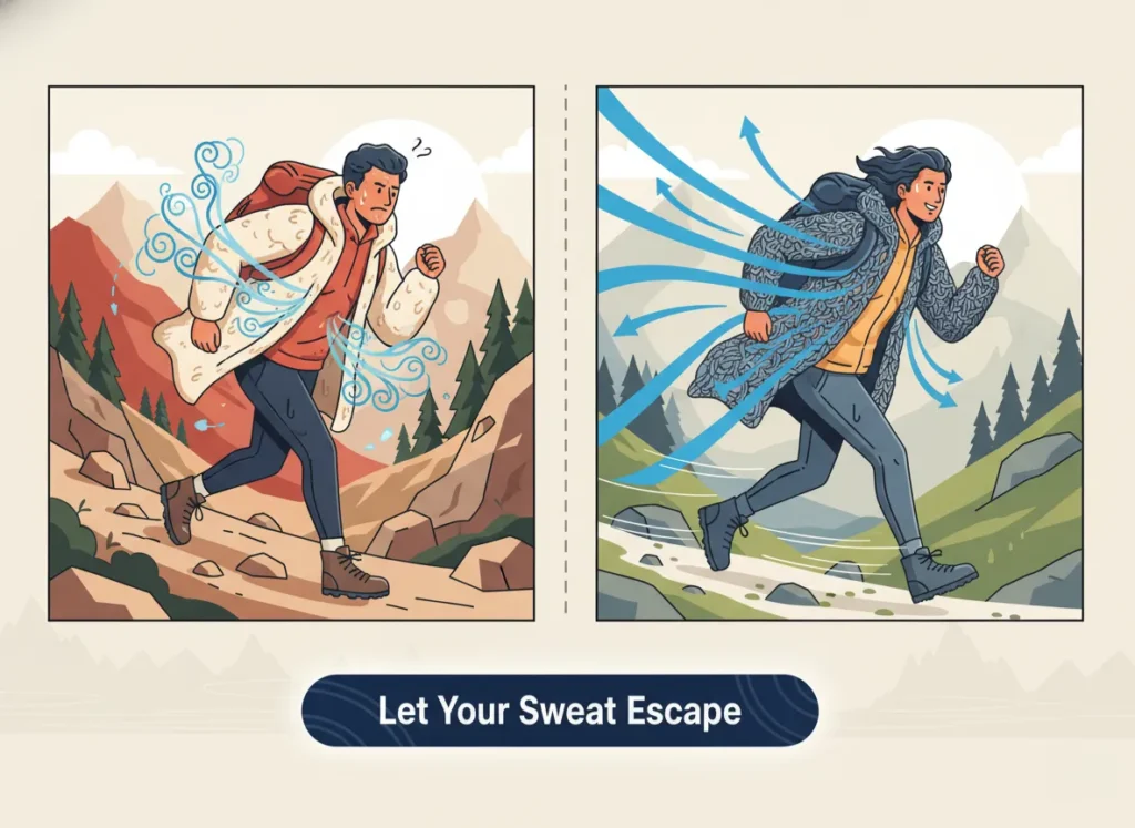 Comparative infographic diagram of two hikers illustrating breathability differences in active layers, with sweat vapor trapped in a down jacket on the left and freely escaping through fleece on the right, emphasizing moisture management for high-output outdoor activities.
