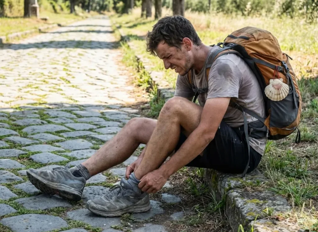 A tired hiker adjusting socks while sitting on an uneven, ancient cobblestone path with a backpack nearby.