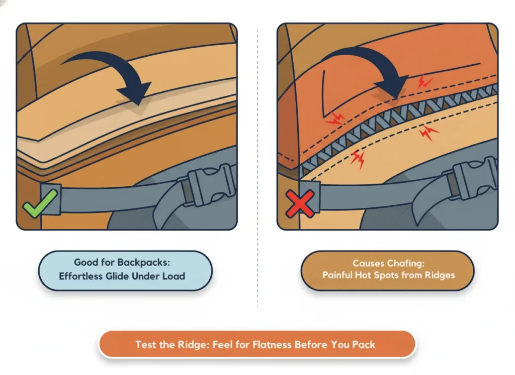 A dynamic side-by-side infographic illustration comparing flatlock and overlock seams in hiking base layers, highlighting chafing risks with trail-ready icons and clear labels for backpack compatibility, rendered in an engaging explainer cartoon style with earthy tones and subtle depth for educational trail wisdom.