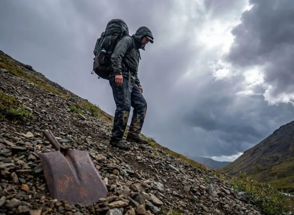 Hiker traversing a rocky, scree-covered pass with rusting historical artifacts visible in the foreground.