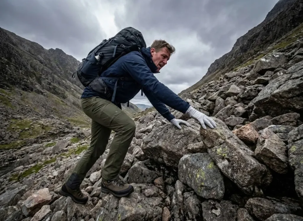 A hiker scrambles up a steep, rocky section of a trail, demonstrating the physical difficulty and technical skill required for rugged historical routes.