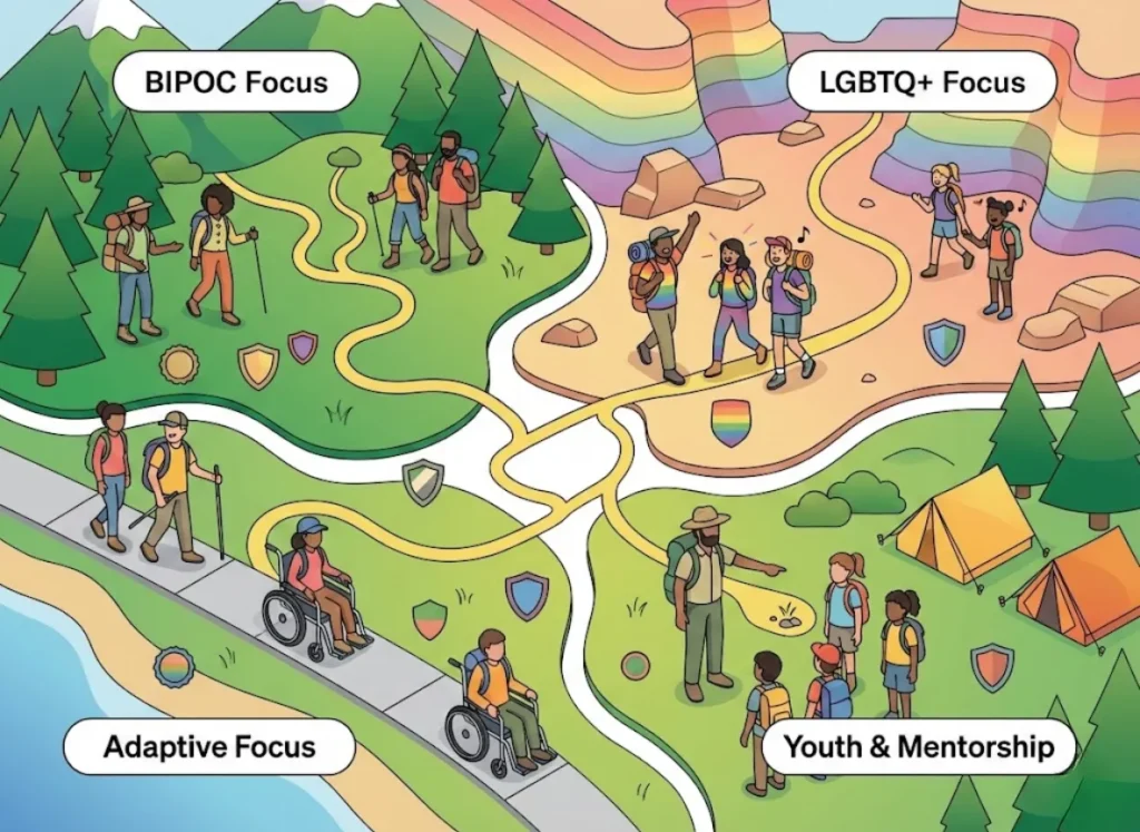 A flat vector infographic map divided into four distinct landscape zones representing outdoor community categories: BIPOC Focus, LGBTQ+ Focus, Adaptive Focus, and Youth & Mentorship. The map features diverse hikers, accessible trails, and stylized badges representing various organizations.