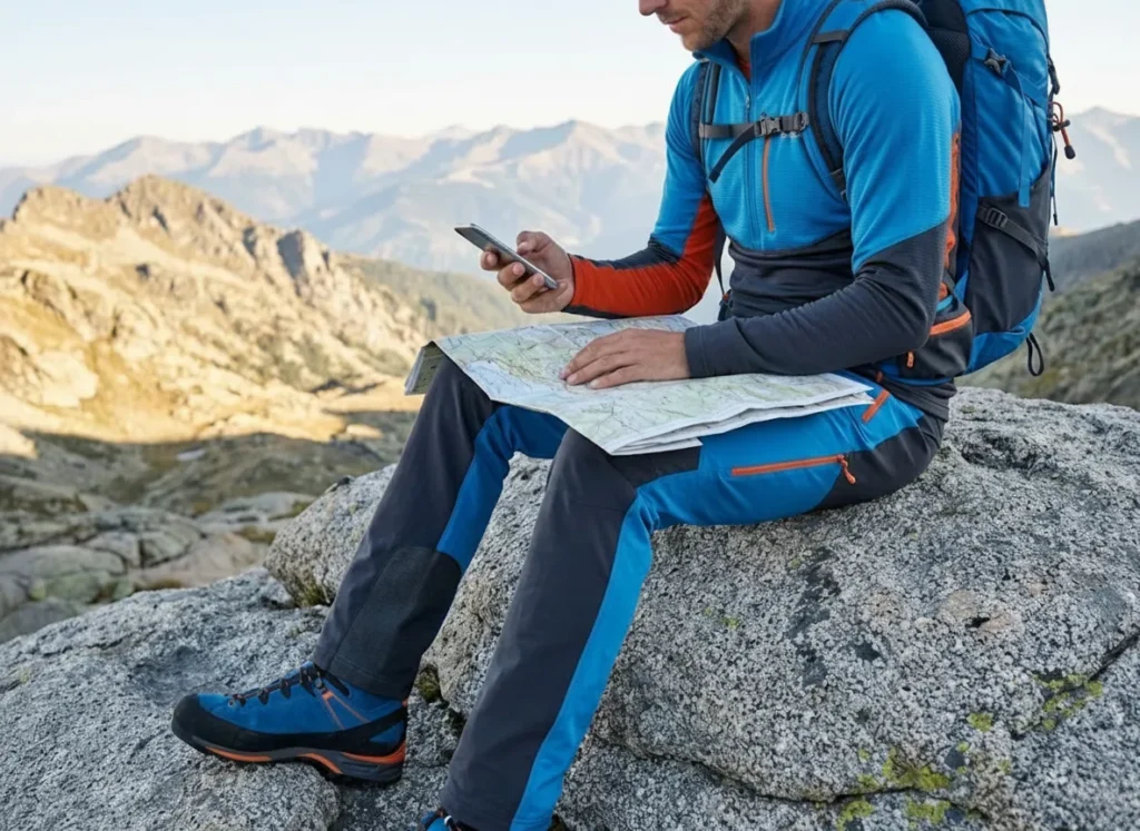 A hiker sitting on a rock comparing a paper map to a smartphone app in the mountains.