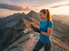 Creating a GPX File with Accurate Elevation for Hiking A female hiker with red hair stands on a mountain trail at sunset, confidently checking a GPX route on her GPS device.