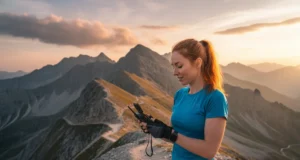 Creating a GPX File with Accurate Elevation for Hiking A female hiker with red hair stands on a mountain trail at sunset, confidently checking a GPX route on her GPS device.