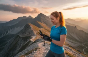 Creating a GPX File with Accurate Elevation for Hiking A female hiker with red hair stands on a mountain trail at sunset, confidently checking a GPX route on her GPS device.