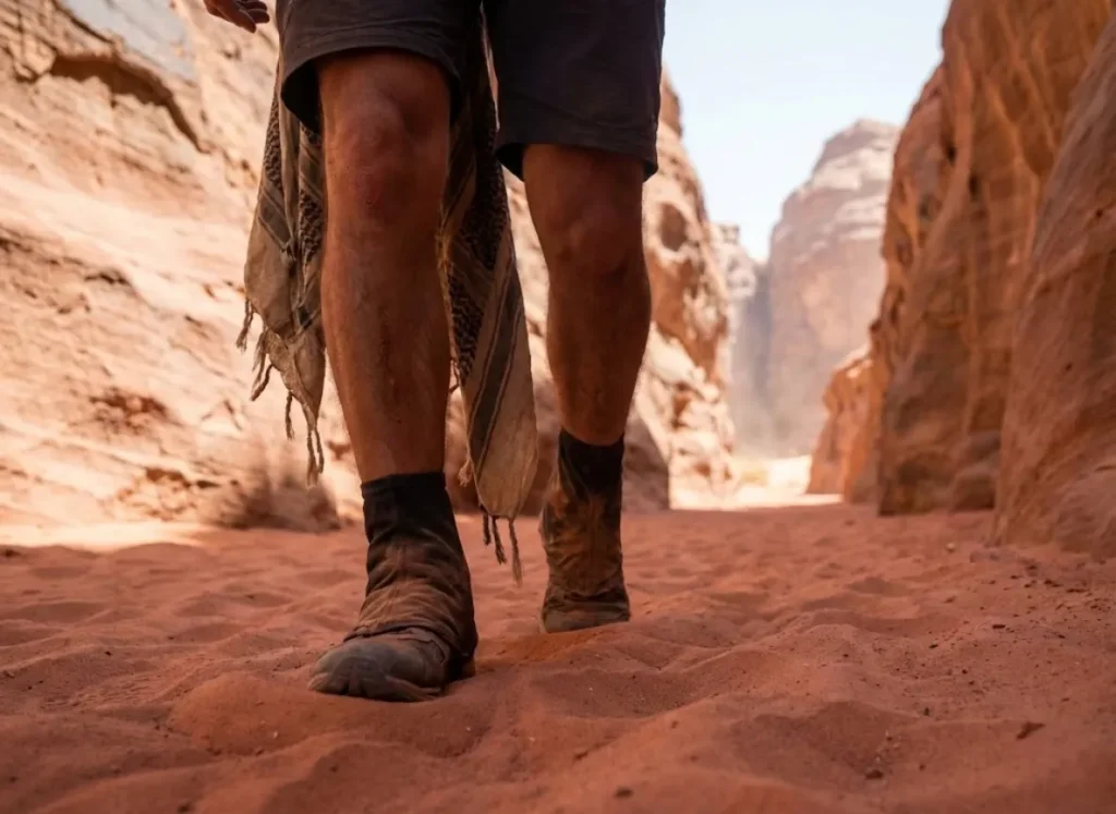 Hiker walking through deep red desert sand wearing protective gaiters under intense sunlight.