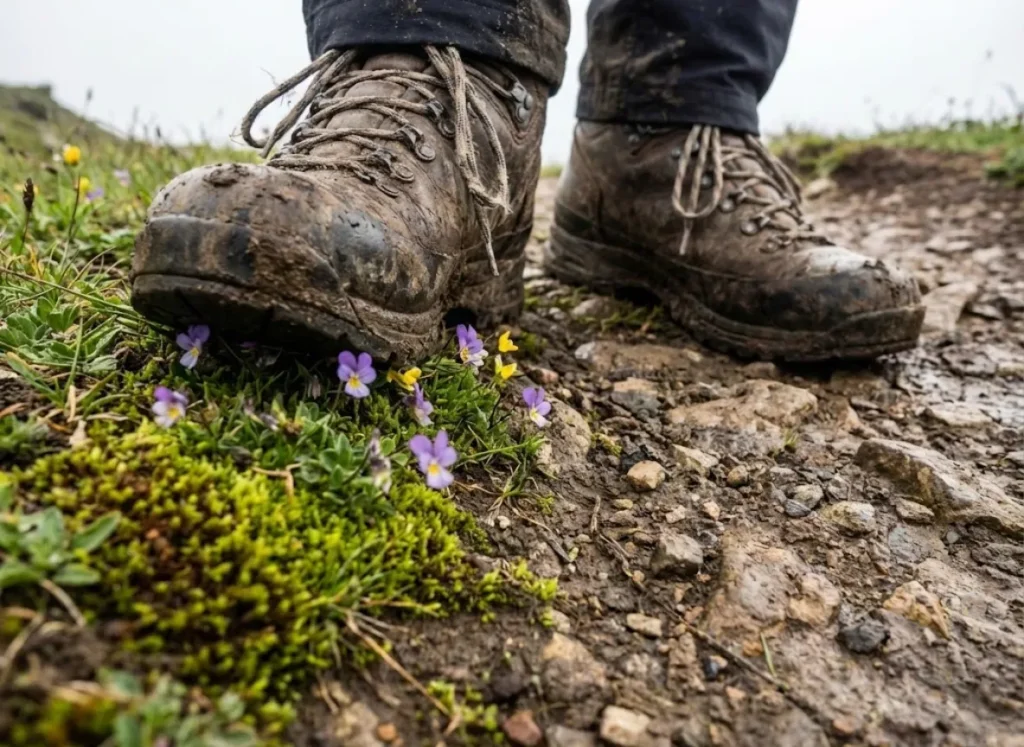Close-up of muddy hiking boots staying on the designated rocky trail to protect the surrounding fragile vegetation.