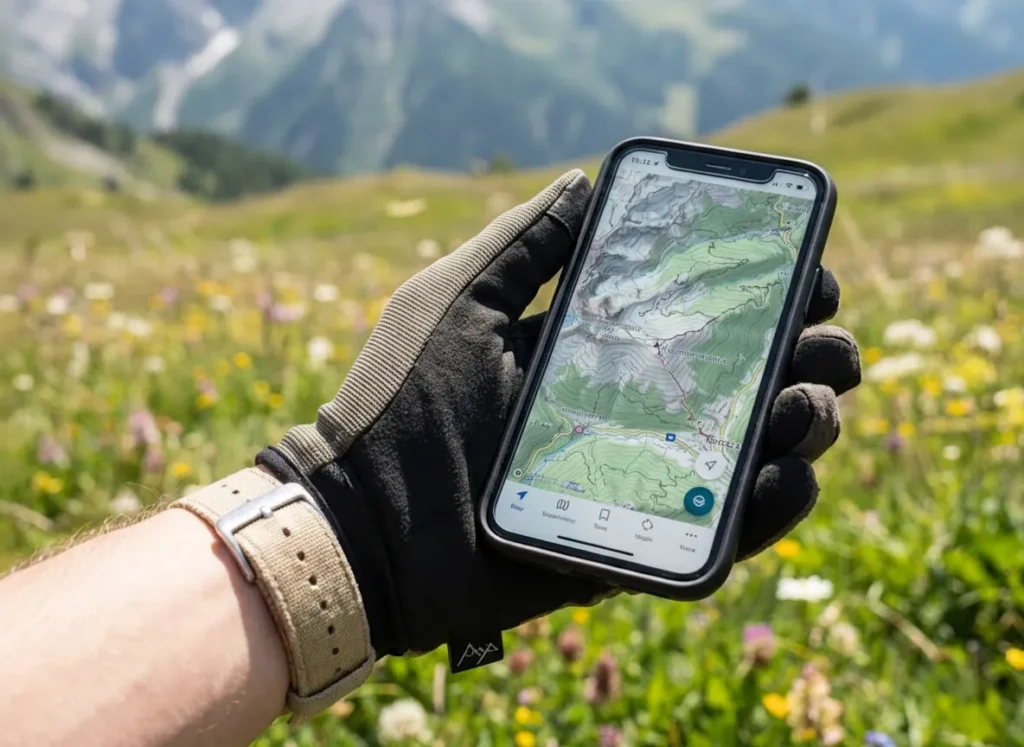 A close-up of a hiker's hand holding a phone showing a map app against a grassy background.
