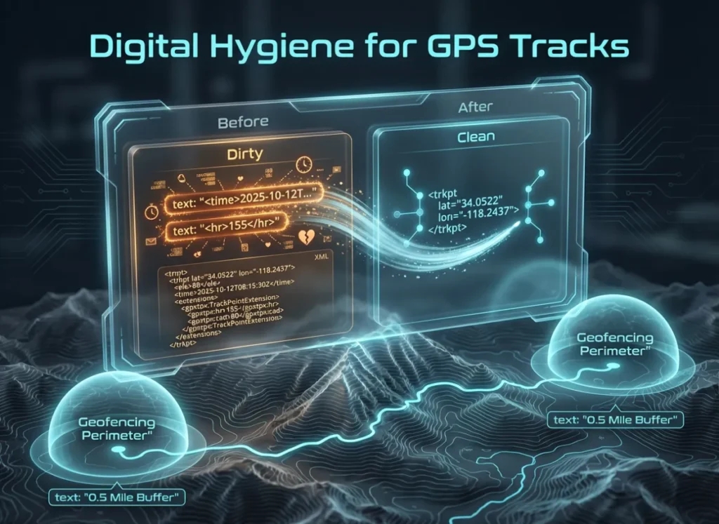 A premium editorial illustration demonstrating the process of cleaning GPX files. It features a split-view of XML code being sanitized, removing private timestamps and heart rate data, integrated with a 3D topographic map showing secure geofencing boundaries.