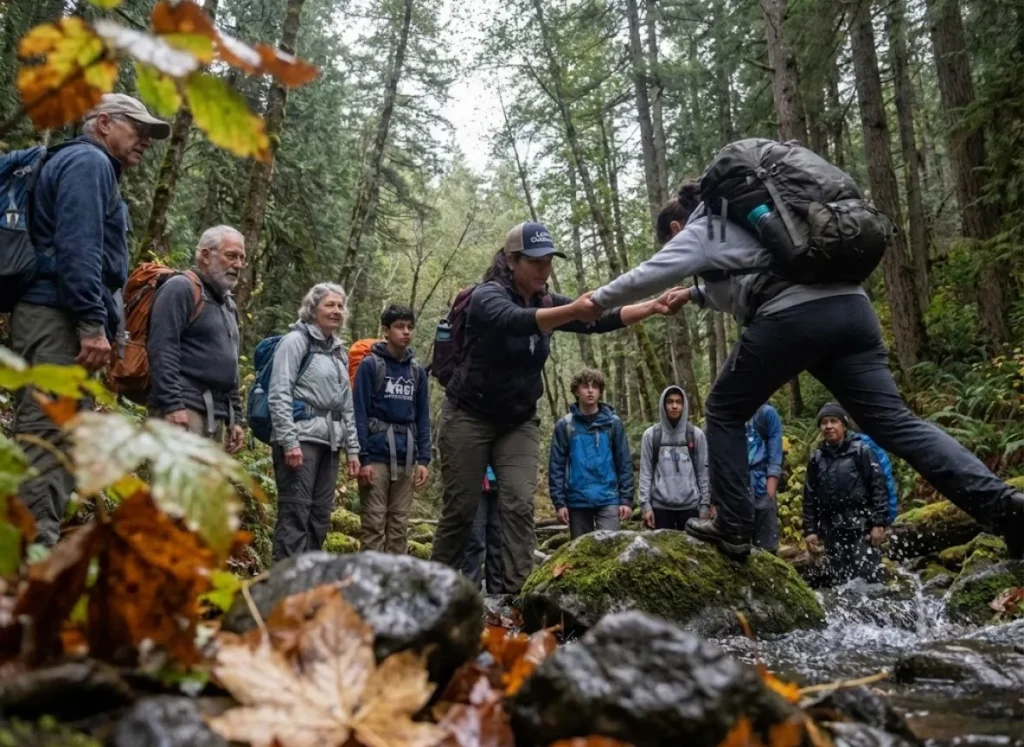 A group of diverse hikers helping each other cross a stream, illustrating community support and mentorship in the outdoors.