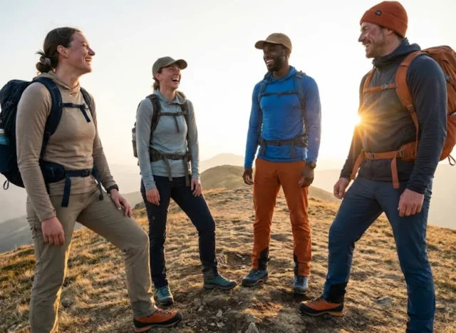 diversity-outdoors-action-guide A diverse group of hikers resting and laughing on a mountain ridge during sunset.