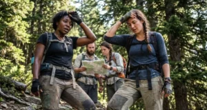 Diversity in the Outdoors: 20+ Groups & Inclusive Gear A candid shot of a diverse group of hikers taking a break on a steep trail, showing signs of exertion and authentic outdoor experience.