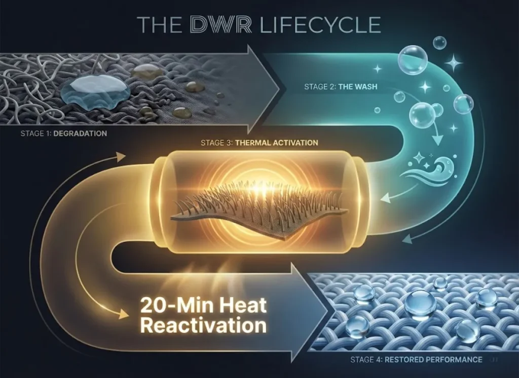 A sophisticated 3D semantic infographic illustrating the DWR (Durable Water Repellent) restoration cycle. The visual flows from a worn jacket with flattened microscopic fibers to a thermal activation stage where heat causes polymer chains to stand upright, ending with a restored fabric surface where water beads perfectly.
