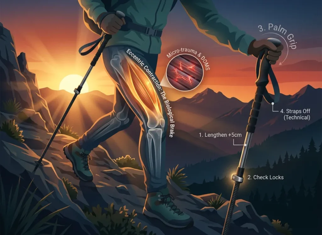 A vertical, mobile-friendly infographic illustrating the "eccentric braking" phenomenon during downhill hiking. It features a detailed 3D model of a hiker’s leg showing muscle tension and patellar compression alongside a technical checklist for trekking pole adjustment.