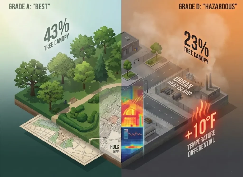A sophisticated 3D isometric infographic titled 'The Legacy of Redlining' comparing a lush 'Grade A' neighborhood with 43% tree canopy to a concrete-heavy 'Grade D' neighborhood with 23% canopy and a +10 degree Fahrenheit temperature increase, blending a vintage 1930s map with modern urban realism.
