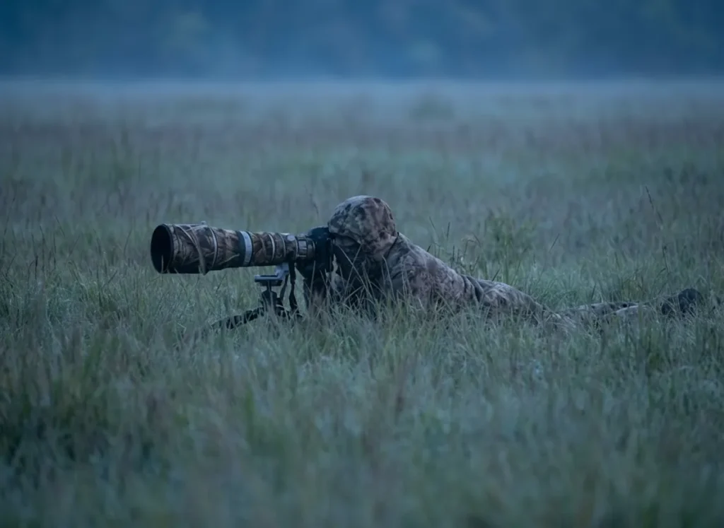 A photographer lying in the grass using a camera with a large telephoto lens.