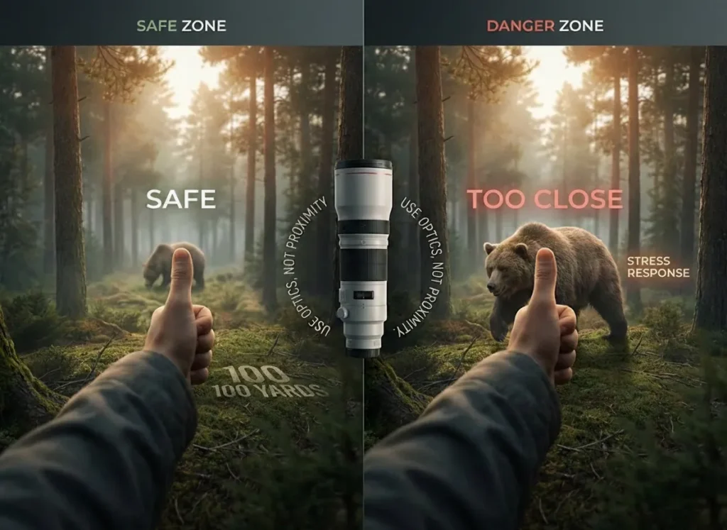 A split-screen educational graphic titled 'The Thumb Rule.' The left side shows a first-person perspective of a thumb completely covering a distant bear in a forest, labeled 'SAFE.' The right side shows the bear much closer and larger than the thumb, labeled 'TOO CLOSE,' highlighting the importance of distance and telephoto lenses.
