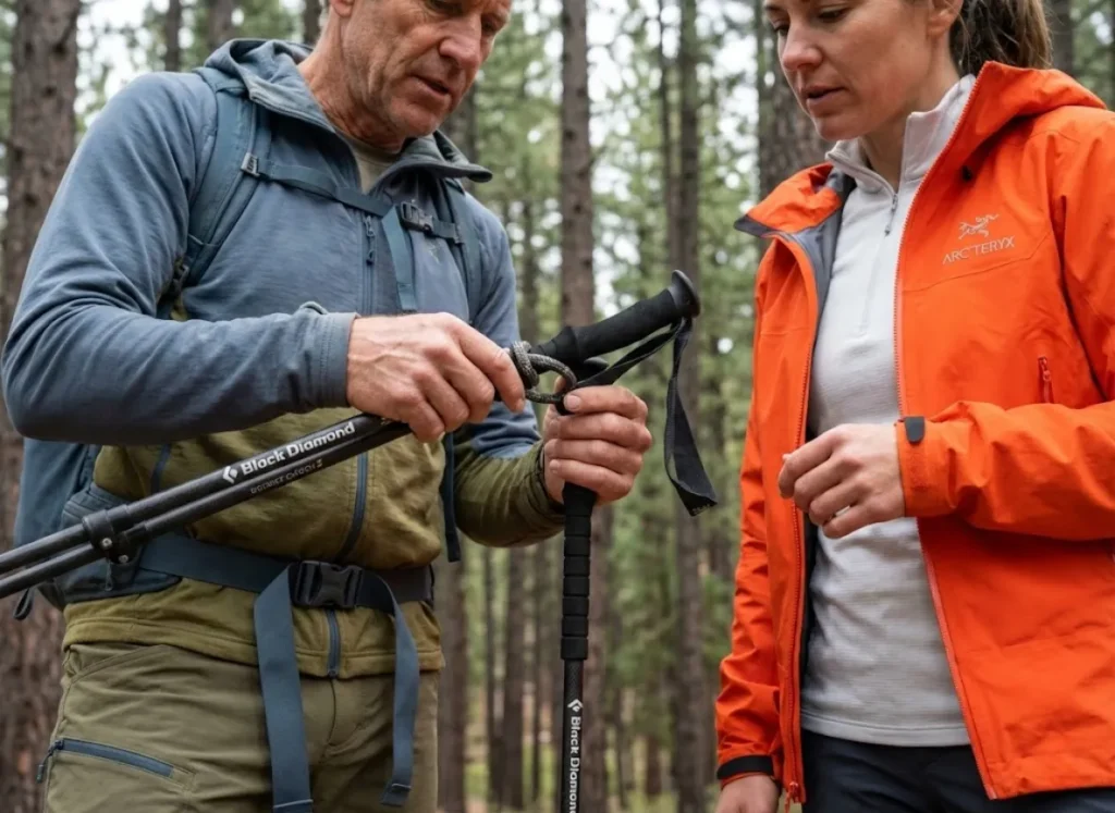 Hikers adjusting Black Diamond trekking poles and wearing Arc'teryx rain gear during a skill assessment.
