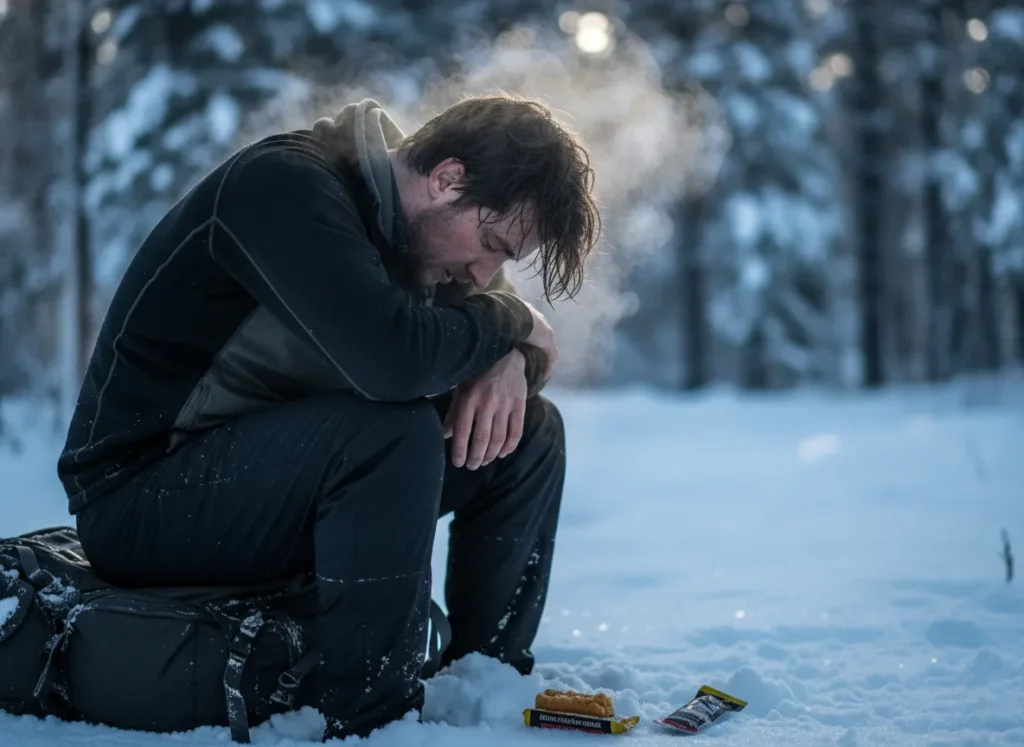 An exhausted hiker sitting in the snow, recovering from the energy drain of walking in deep snow.