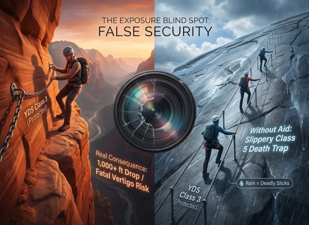 A comparative infographic illustrating the "Exposure Blind Spot." The left side shows Angels Landing in Zion with chains and a sheer drop, labeled "YDS Class 3 (Protected)" and "Real Consequence: 1,000+ ft Drop." The right side shows Half Dome in Yosemite with cables on steep granite, labeled "YDS Class 3 (Protected)" and "Without Aid: Slippery Class 5 Death Trap." A central title reads "THE EXPOSURE BLIND SPOT: FALSE SECURITY."