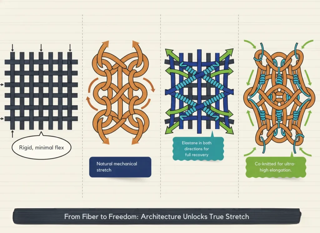 A vibrant four-panel infographic comparing standard woven, standard knit, 4-way stretch woven, and 4-way stretch knit fabric structures, illustrated in a dynamic flat vector style with coiled yarn details, directional arrows, and explanatory captions highlighting mechanical stretch and elastane integration for educational textile insights.