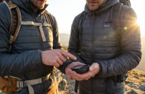 How to Find Hiking Partners: Vetting & Safety Guide Two hikers on a ridge using a Garmin GPSMAP 66i and wearing Patagonia and Osprey gear.