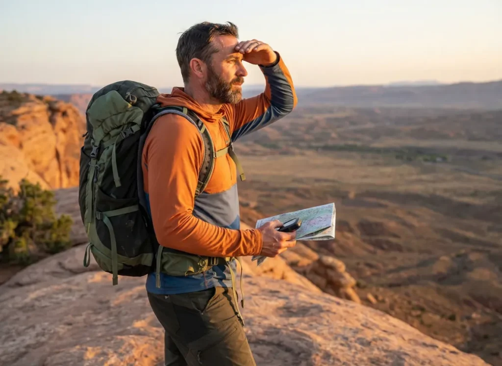 Hiker wearing Patagonia and Osprey gear scanning a desert canyon for water sources at sunset.