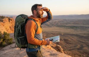 How to Find Water in the Wild: Bio-Indicators & Terrain Hiker wearing Patagonia and Osprey gear scanning a desert canyon for water sources at sunset.