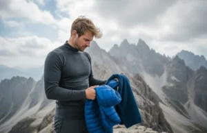 Fleece vs Down Jacket: A Hiker’s Layering System Guide A male hiker stands on a windy mountain trail, deciding between a fleece and a down jacket for his next layer.