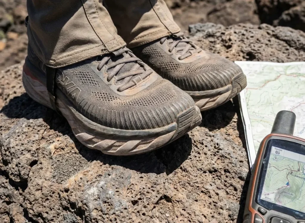 A pair of cushioned trail running shoes with sand gaiters attached resting on a rough rock surface, showcasing specific gear for ancient trails.