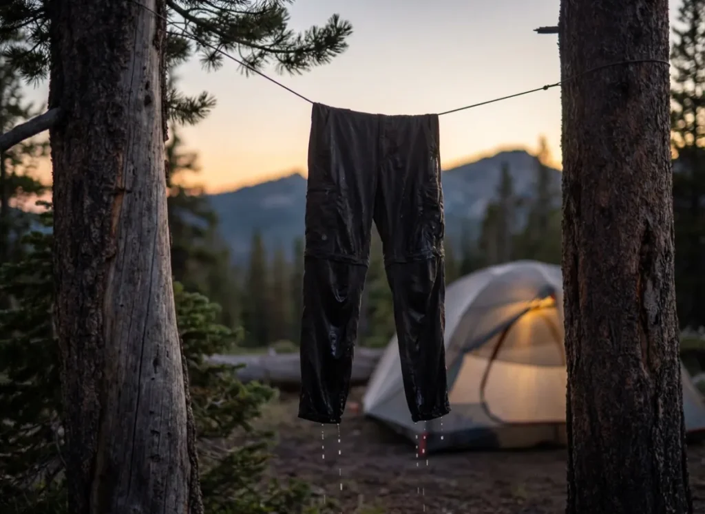 Wet hiking pants hanging on a clothesline between trees at a campsite to air dry.