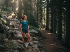 Gear Strategy: Approach Shoes or Hiking Shoes for Your Pack? A fit redhead female hiker stands at a fork in a mountain trail, deciding between a rocky path and a forest path, representing the choice between approach shoes and hiking shoes.