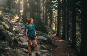 Gear Strategy: Approach Shoes or Hiking Shoes for Your Pack? A fit redhead female hiker stands at a fork in a mountain trail, deciding between a rocky path and a forest path, representing the choice between approach shoes and hiking shoes.