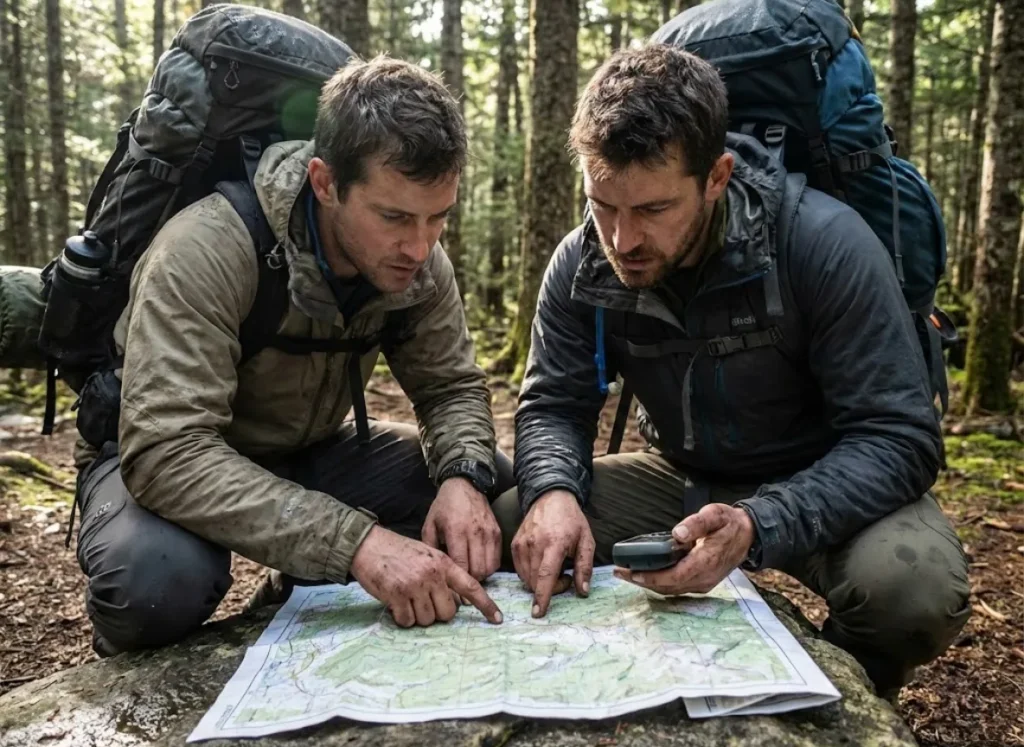 Two hikers consulting a topographic map and GPS in a forest, illustrating the importance of navigation skills over relying on geotags.