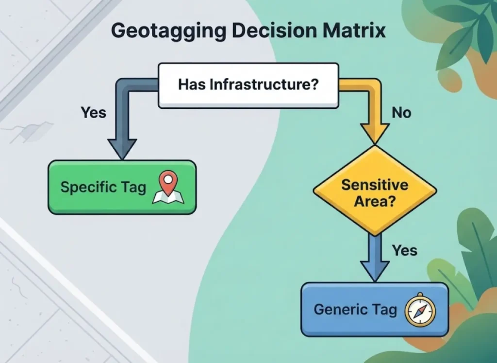 A flat vector flowchart infographic illustrating a decision matrix for geotagging photos. It shows a path starting with "Has Infrastructure?" leading to either "Specific Tag" for developed areas or "Generic Tag" for sensitive wilderness areas.